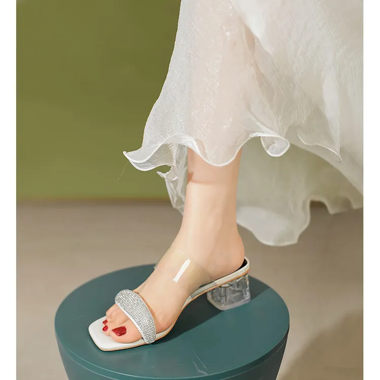 广州女鞋拖鞋女外穿时尚新款夏季女鞋中跟粗跟水晶透明一字带女凉