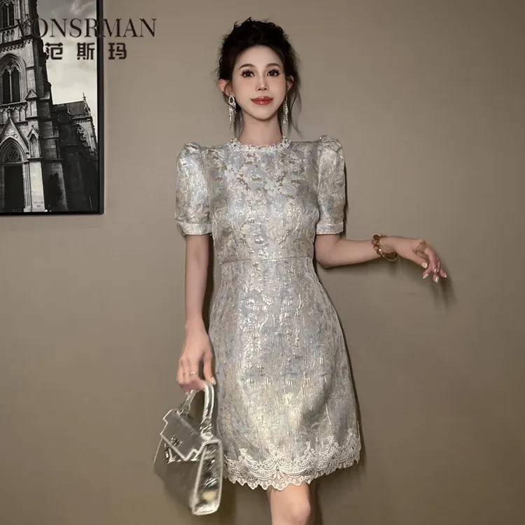 欧洲站A字连衣裙女夏季蕾丝拼接轻奢高级感收腰显瘦气质生日礼服a