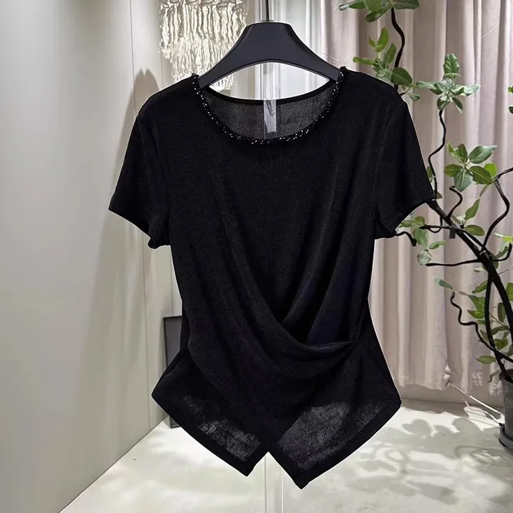 适合胖mm大码女装不规则黑色圆领短袖T恤夏季设计感收腰正肩上衣