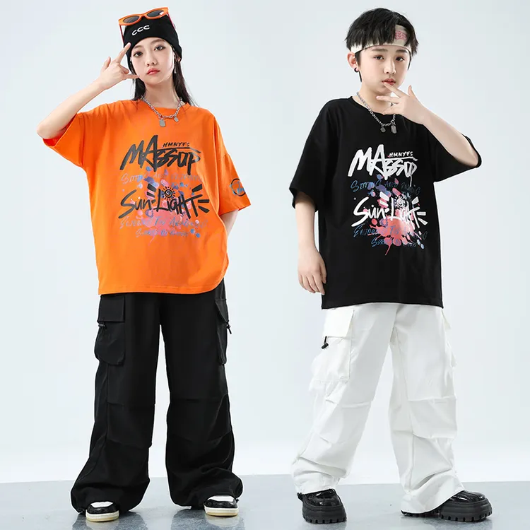 街舞儿童潮服男女童日系T恤衫hiphop舞蹈练功服少儿架子鼓演出服