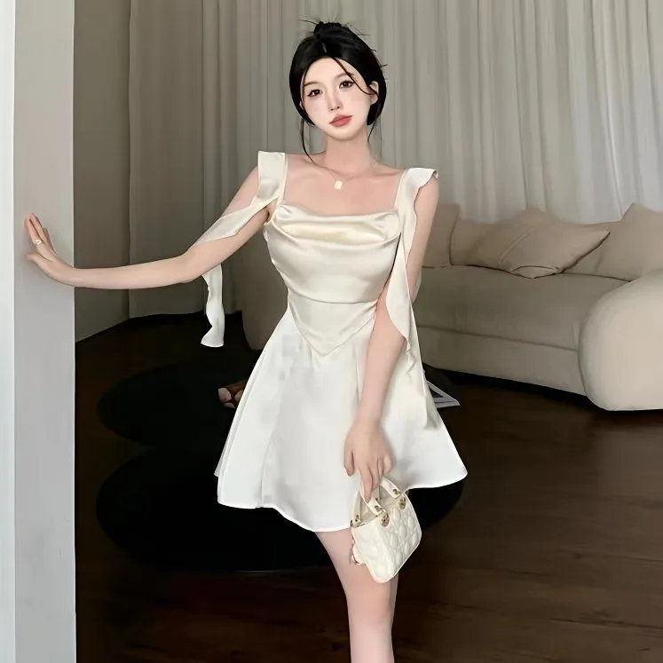 法式高端气质名媛缎面飘带方领吊带连衣裙收腰a字短裙子女夏新款