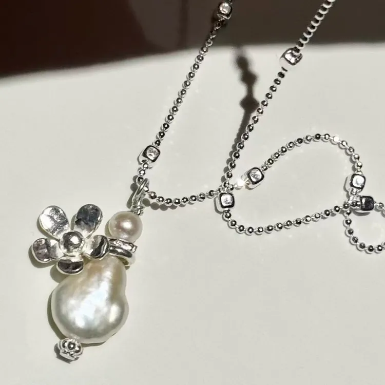 *瓶花*原创设计天然巴洛克异形珍珠吊坠项链女s925纯银小众锁骨链