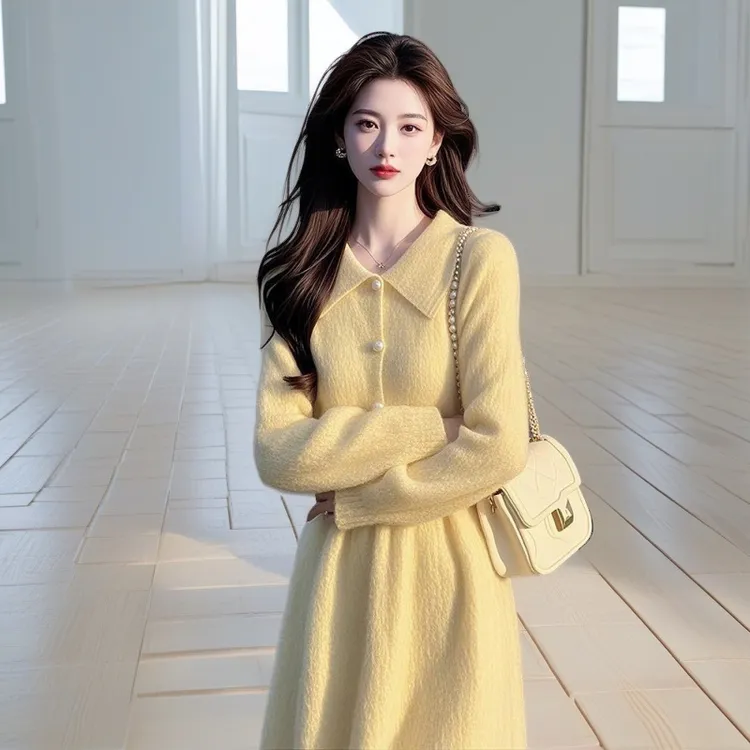 冬季新款时髦小香风甜美系掐腰黄色针织名媛高端小洋装清纯感连衣