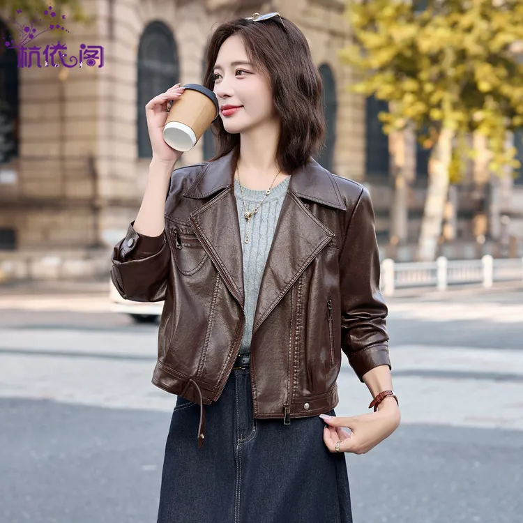 小皮衣短款外套女2025秋季新款小个子气质复古休闲翻领机车皮夹克