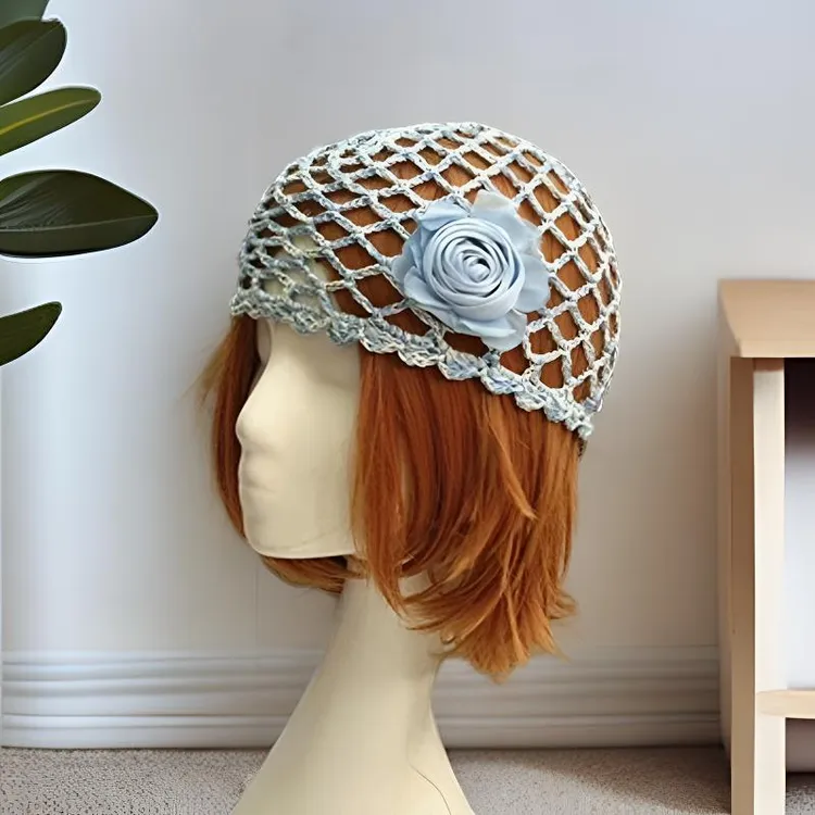 夏季编织渔网帽女士装饰冷帽玫瑰花朵镂空针织复古帽子网红包头帽