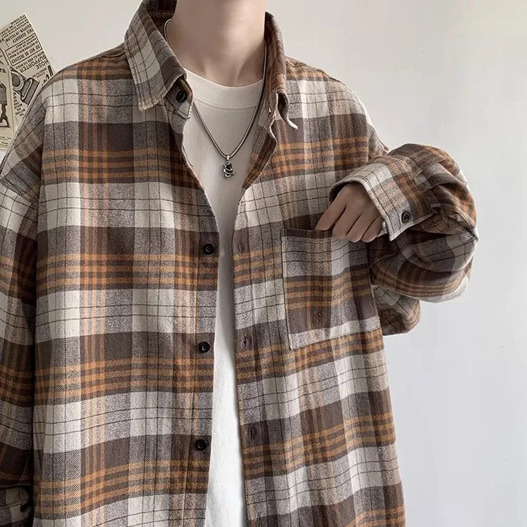 vintage咖棕色格子衬衫男秋季美式复古长袖衬衣潮牌情侣休闲外套