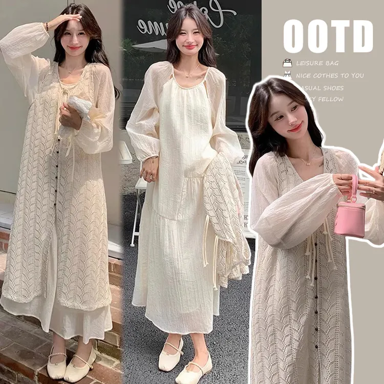 孕妇装春装新款设计感孕妇连衣裙两件套针织马甲裙聚会直筒长款