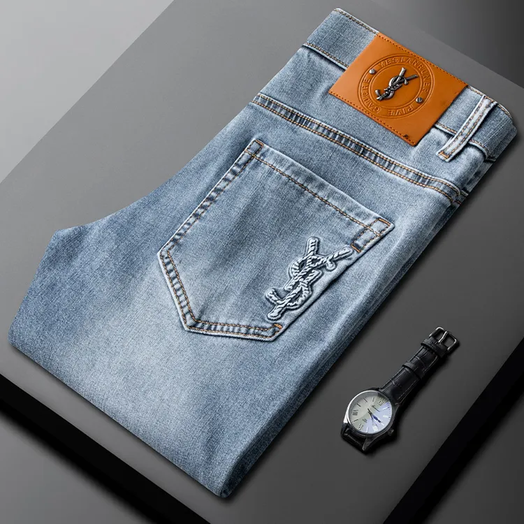 设计感轻奢夏季薄款蓝色牛仔裤修身直筒潮牌弹力男士休闲裤时尚