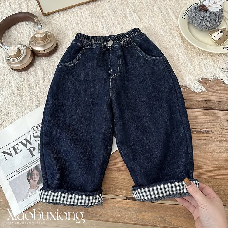 新款格子边儿童韩版卷边春秋中童牛仔裤男童春装宽松长裤女童裤子