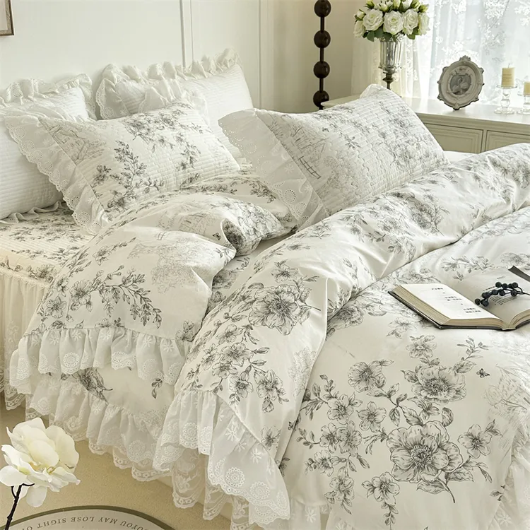 法式全棉蕾丝花边夹棉床裙款被罩四件套韩式公主风床裙纯棉被套