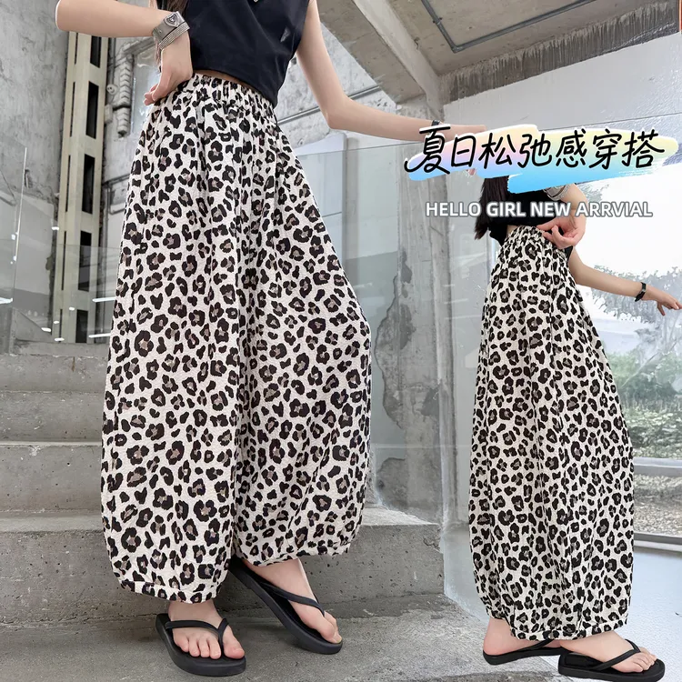 女童豹纹灯笼裤夏季2025新高腰宽松垂感九分休闲哈伦萝卜阔腿裤潮