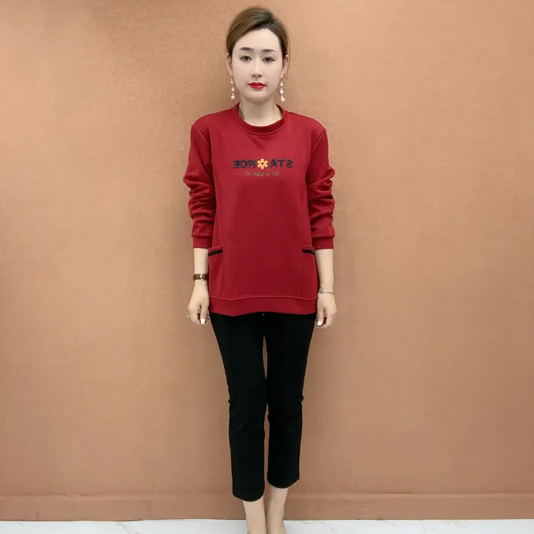 秋冬款中老年女装休闲保暖百搭显瘦圆领款宽松花朵卫衣女妈妈装