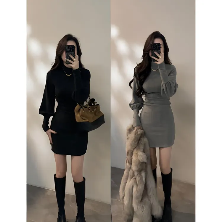 【现货】复古冬季灯笼袖半高领连衣裙秋冬高腰纯欲裙子褶皱收腰短裙