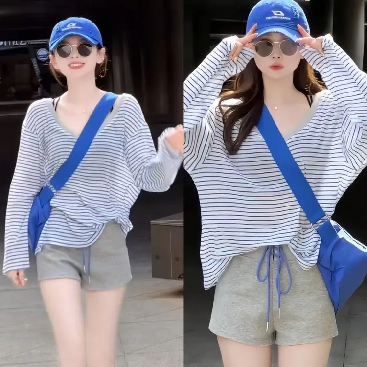 夏季轻薄透气凉宽松慵懒蓝色V领长袖条纹T恤休闲绑带短裤套装