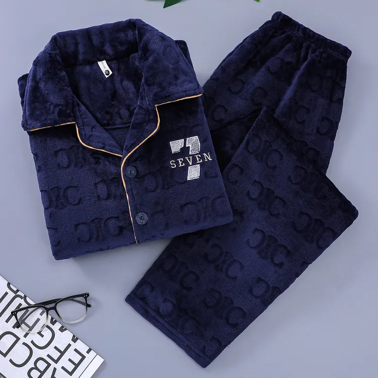 中老年加厚加绒睡衣男士秋冬季加肥大码冬天保暖法兰绒家居服套装