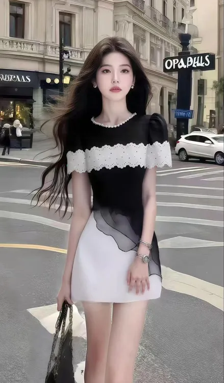 轻奢高端大气不规则圆领修身收腰短袖连衣裙女小众高级感时尚气质