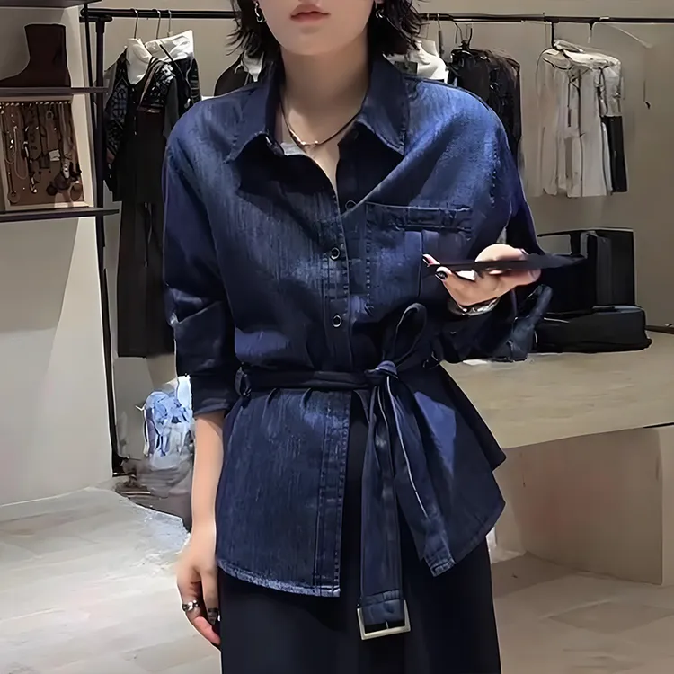 复古港风牛仔衬衫外套女2025秋季新款设计感宽松系带收腰长袖上衣