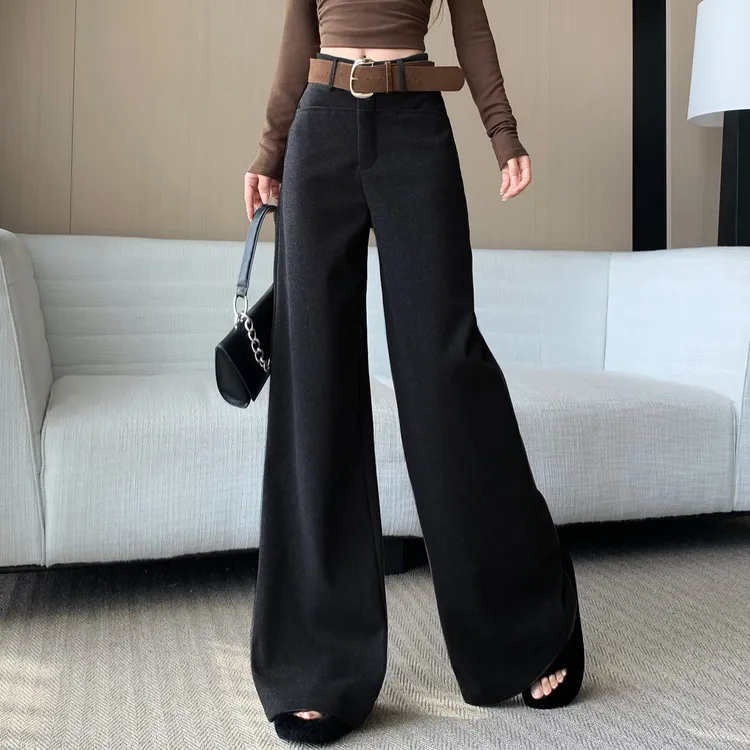 美式松弛感中高腰毛呢阔腿裤女宽腰带秋冬新款直筒垂坠西装拖地裤