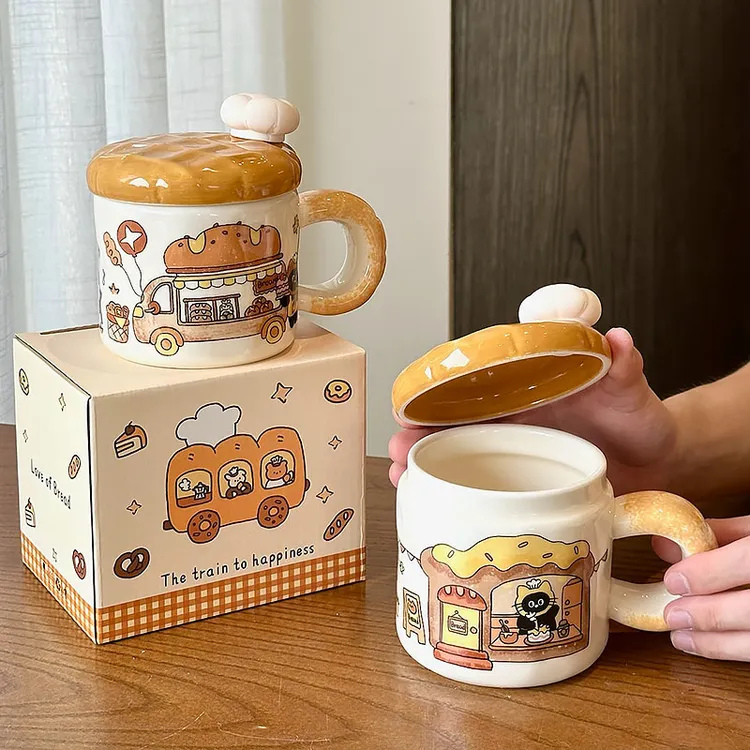 面包师小猫陶瓷杯带盖勺创意感家用办公室咖啡杯学生上课喝水杯子