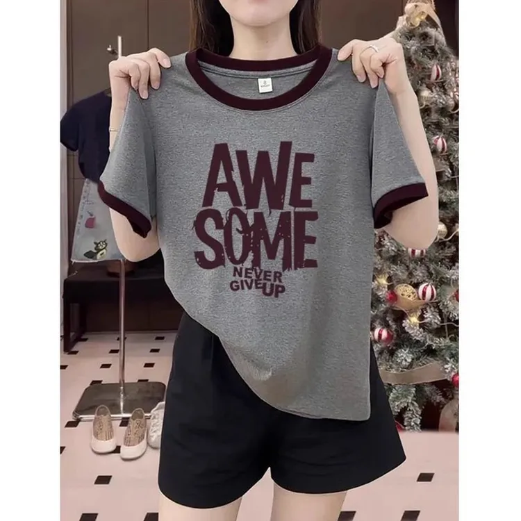 正肩圆领撞色短袖女t恤2025新款爆款时尚百搭洋气设计感上衣夏季