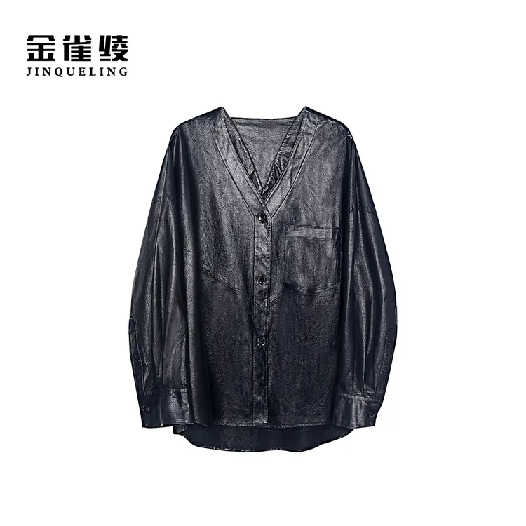 金雀绫【曼哈顿初秋】时尚百搭V领100羊皮加宽加大皮衣SZAK3PMLX109