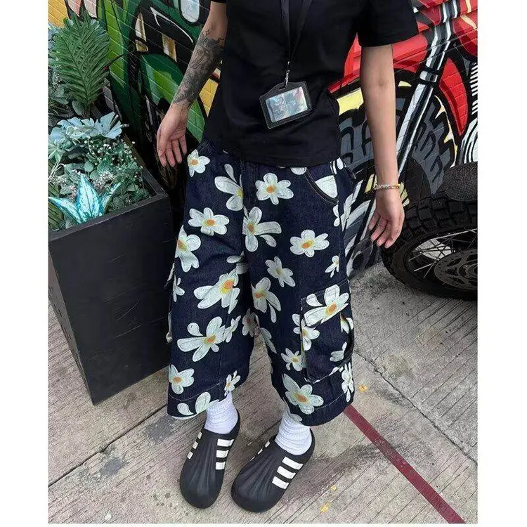 美式复古风工装七分裤男款夏季邹菊印花设计感小众宽松休闲阔腿裤