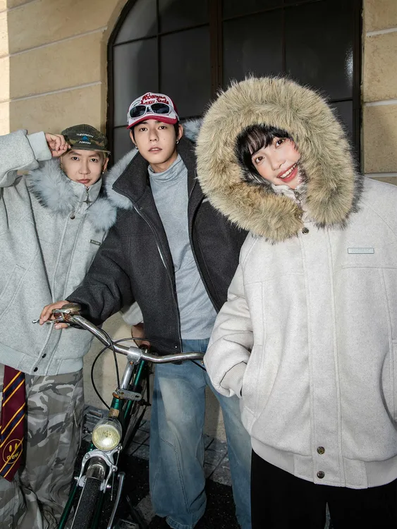 美式复古座山雕毛领冬季加厚保暖呢子棉衣服外套男女同款连帽棉服