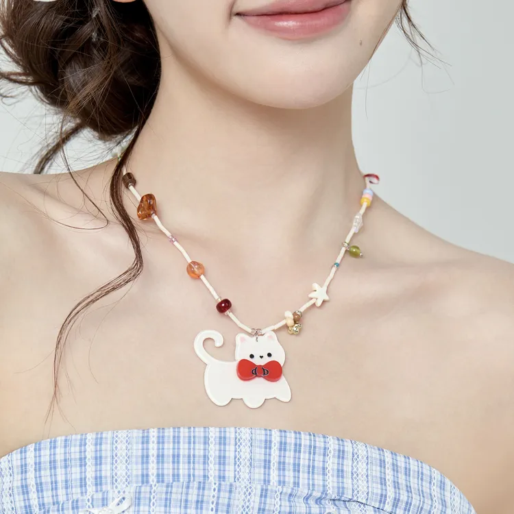 铜合金树脂项链 设计感可爱卡通小猫吊坠锁骨链个性童趣甜美时尚