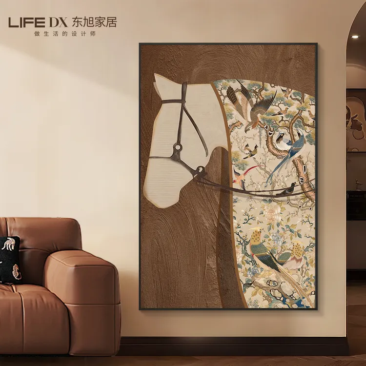中古风客厅装饰画马到成功复古沙发背景墙挂画高级感新款玄关壁画