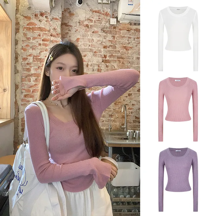 螺纹U领纸片人纯欲喇叭袖长袖针织衫上衣