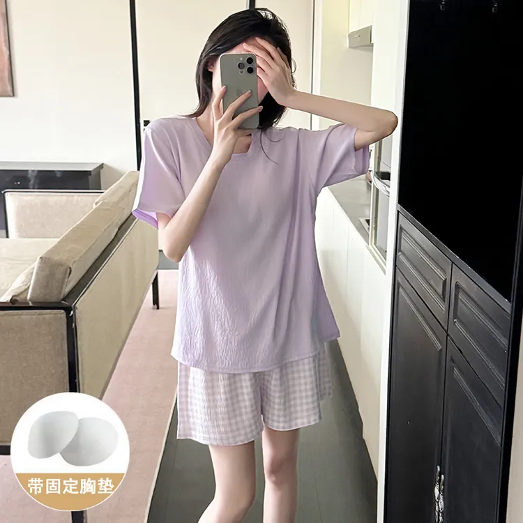 带胸垫云感棉睡衣女款2025新款夏季甜美韩系短袖两件套装家居服女