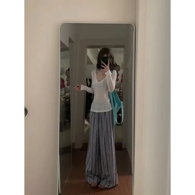 老钱风松弛感女装贵气K套装女夏季韩系白色长袖衫上衣格纹吊带背