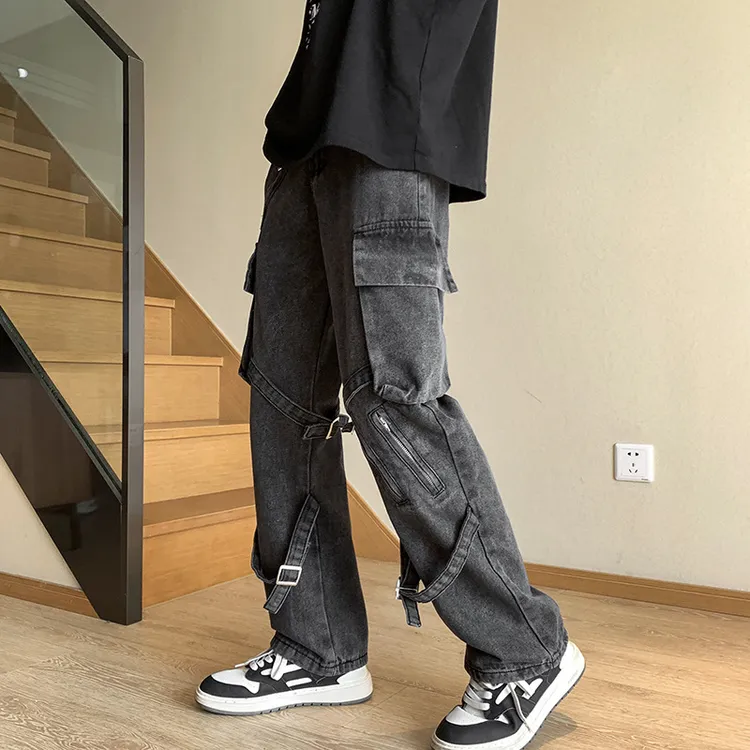美式vibe裤子ins高街潮牌黑色绑带牛仔裤男直筒修身拉链工装裤秋