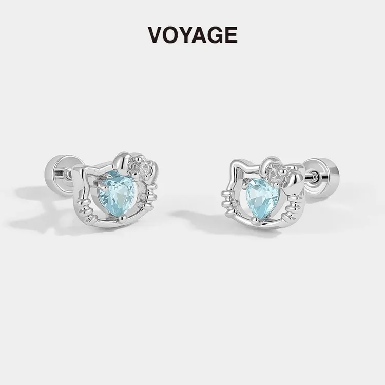 钛钢锆石耳饰 蓝色爱心锆石kt猫耳钉女耳骨钉耳蜗钉耳环耳饰配饰