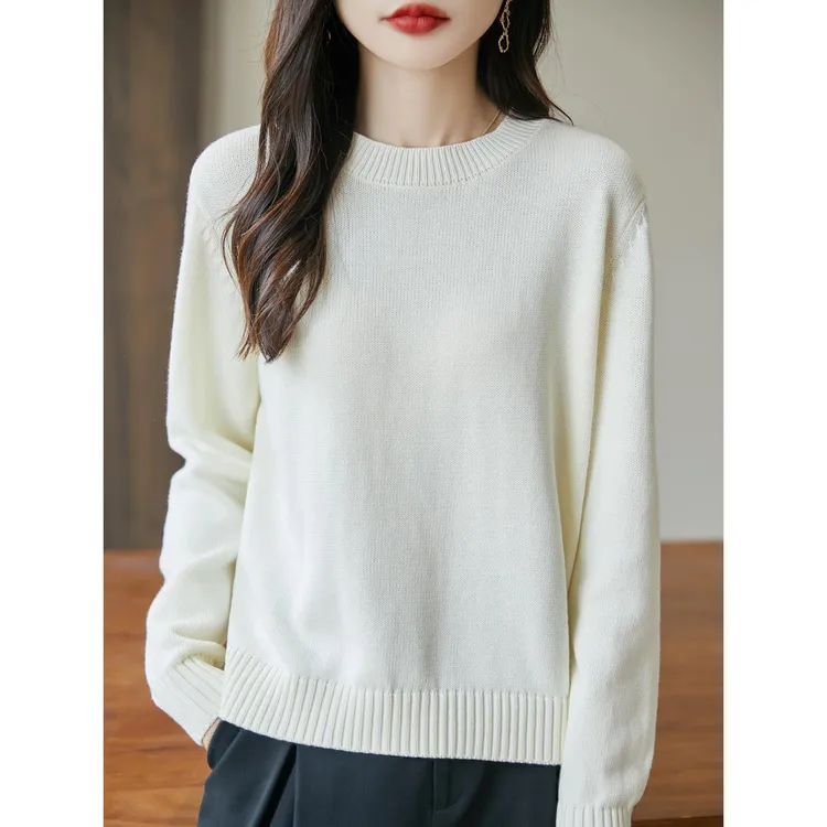 慵懒风纯棉圆领毛衣女宽松长袖上衣秋冬亲肤全棉线内搭针织打底衫