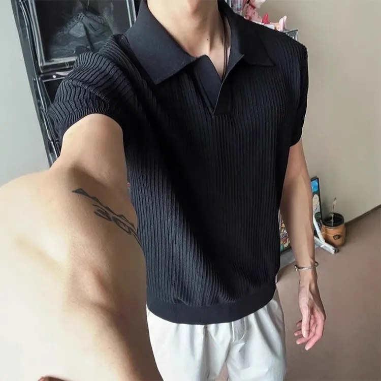 老钱风新贵海鸥领polo衫T恤男夏收袖口冰丝深V针织衫半袖翻领夏季