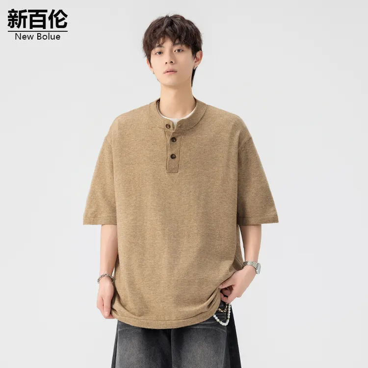 新百伦/NEW BOLUNE夏季百搭亨利领短袖男轻薄宽松潮流纯色百搭T恤