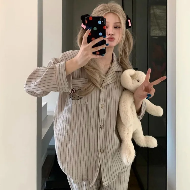 【长袖摩卡条纹黑皮KT】春秋季套装云朵绵翻领睡衣女两件套家居服