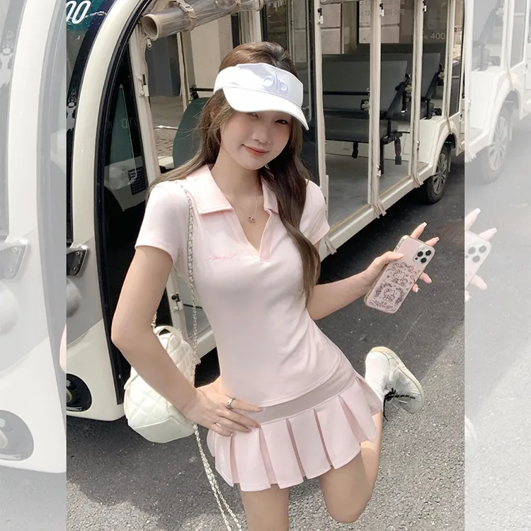 韩版polo领粉色短袖T恤女夏季新款字母刺绣收腰正肩上衣显瘦运动