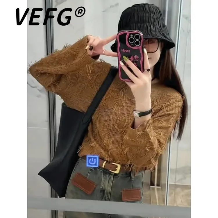 VEFG初秋流苏镂空长袖针织衫女新款时尚洋气设计感小个子百搭上衣