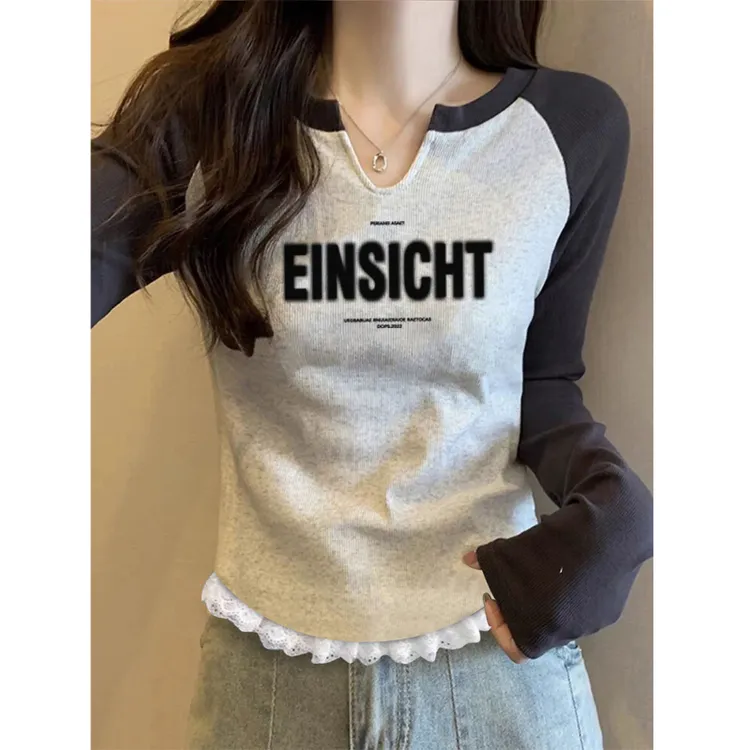 清仓捡漏~2025秋季修身显瘦长袖T恤女撞色设计感蕾丝边插肩袖上衣