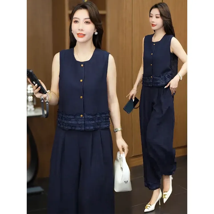 夏季套装女2025新款小个子休闲简约木耳边拼接马甲阔腿裤两件套女