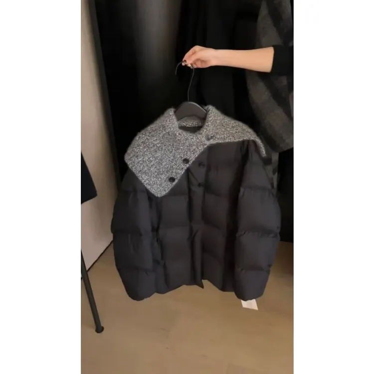 高级感针织领拼接百搭开衫女2025冬季新款设计感小众气质保暖外套