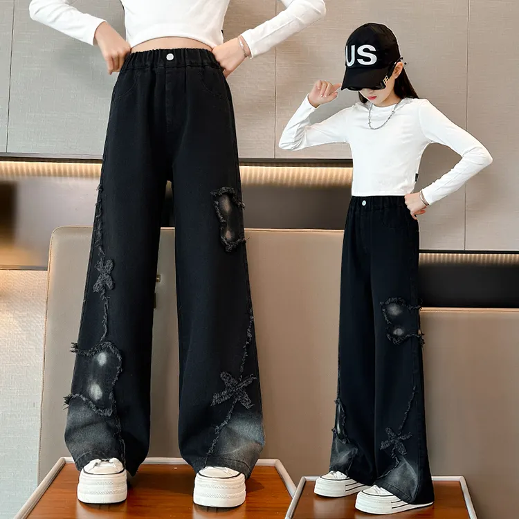 女童洋气蝴蝶牛仔阔腿裤秋冬儿童宽松休闲直筒裤中大童百搭长裤子