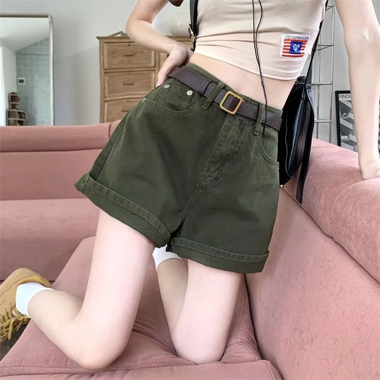 美式绿色夏季短裤牛仔裤女新款百搭休闲宽松薄款显瘦高腰设计感潮
