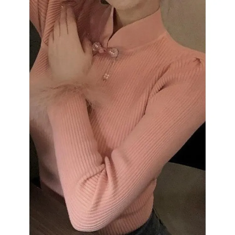 300斤特大码胖气质修身毛毛袖盘扣显瘦新中式加绒保暖内搭打底衫