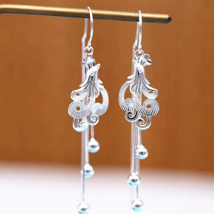 足银耳饰 足银990银立体凤舞九天防丢耳线耳环 