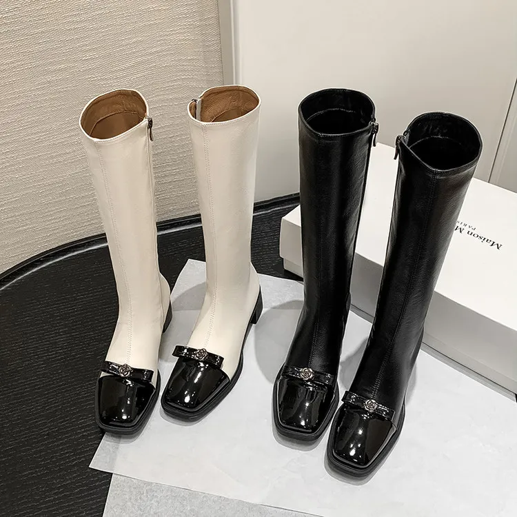 小香风山茶花真皮方头长筒靴女2025新款法式蝴蝶结粗跟显瘦骑士靴