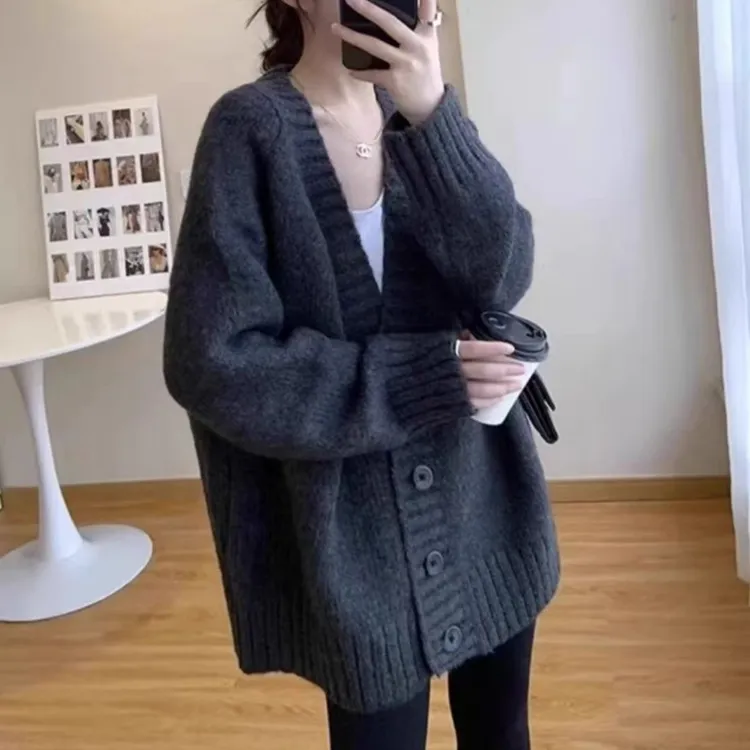 中长款外穿慵懒风chic针织衫外搭秋冬加厚上衣毛衣外套女开衫宽松