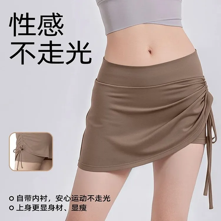 夏季运动跑步短裙女假两件防走光健身半身裙抽皱高腰弹力瑜伽短裤